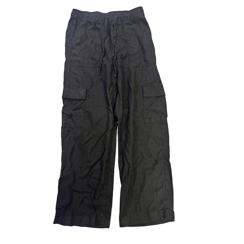 Gap Womens Black Linen Blend Wide Leg Cargo Pants High Rise XS Drawstring